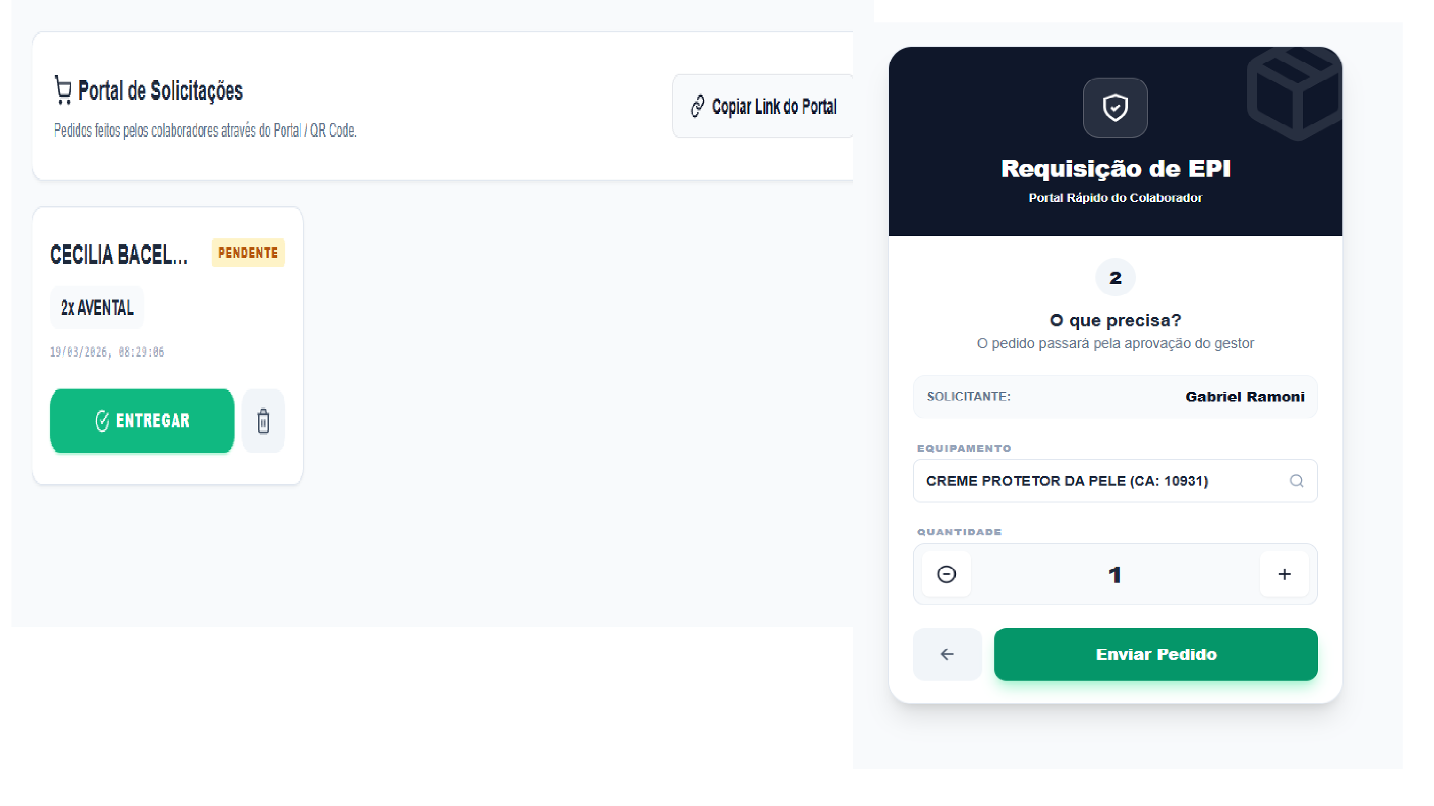 Portal de solicitações de EPI pelo colaborador